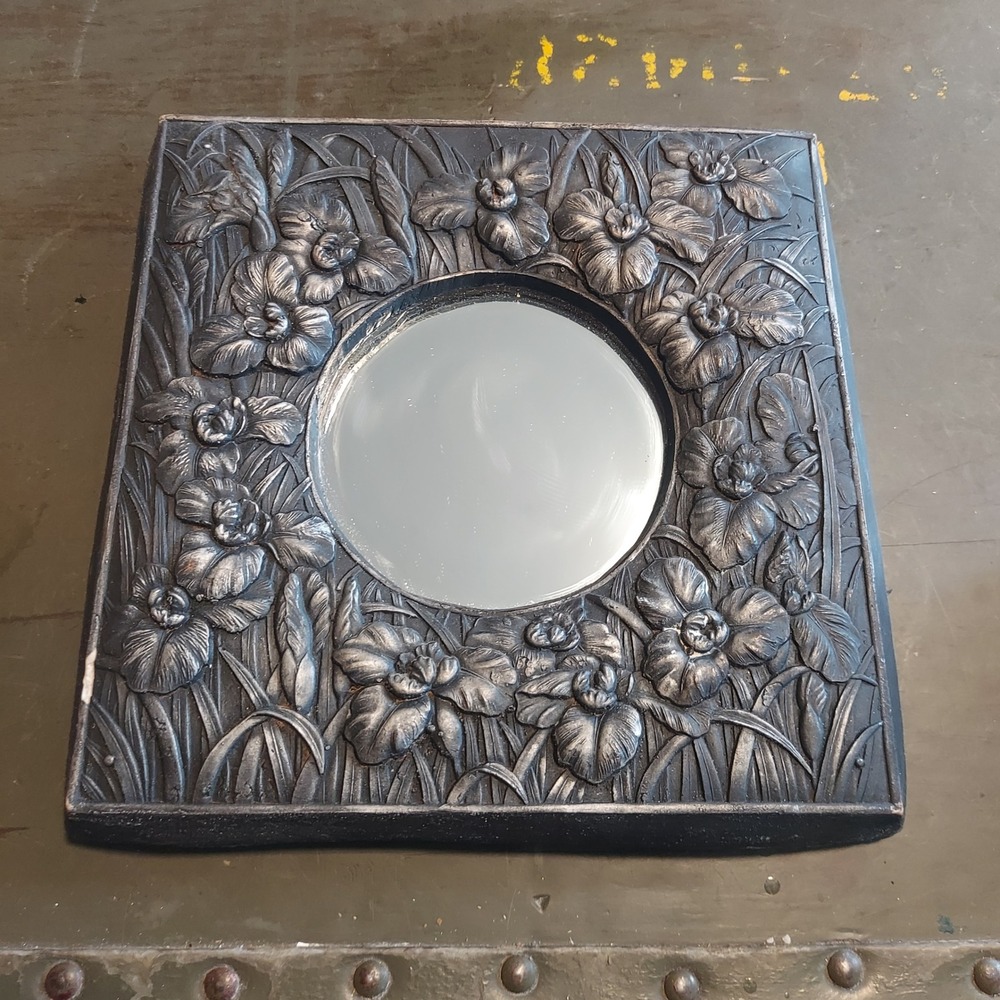 Vintage Floral Iris 3D Relief Wall Mirror Square Pewter Finish 8x8 Art Nouveau